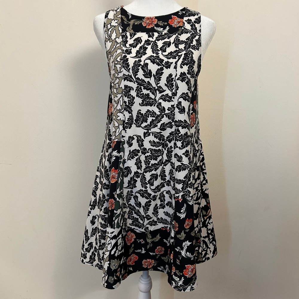 Zara Basic Floral Patchwork Drop Waist Mini Dress Black White Small Good